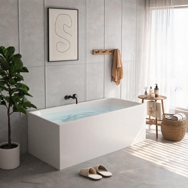 Baignoire autoportante en acrylique blanc brillant de 43 pouces avec trop-plein chromé et bonde escamotable