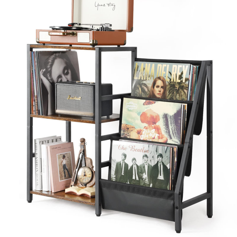 Multi-Function Brown And Black Record Player Stand With Large Vinyl Storage