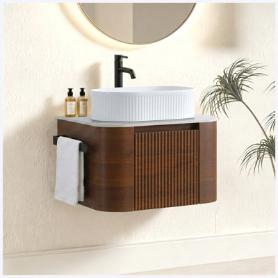 Meuble-lavabo mural 24 po en noyer avec lavabo en céramique, support mural pré-assemblé avec porte-serviettes gratuit
