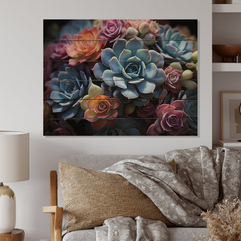 Seab Blue Succulent Field II sur impression sur bois, H 30 po x l 40 po x P 0,78 po