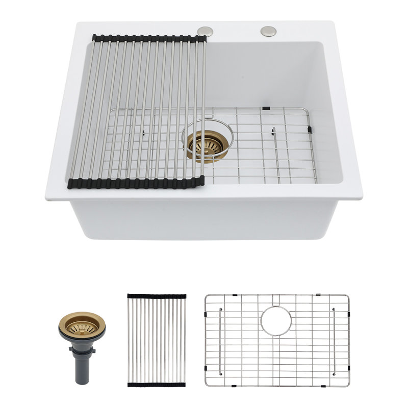 Quartz 25" x 22" Drop-in Quartz Kitchen Sink Single Bowl Kitchen Sink Granite Composite Kitchen Sink, White