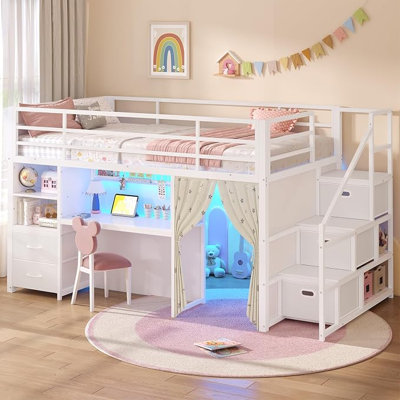 Low Loft Bed Twin Size with Stairs and 5 Storage Drawers, Twin Loft Bed with Privacy Curtain, Bookshelf, & LED Lights, Metal Kids Loft Bed with Safety Guardrail & Under-Bed Play Space