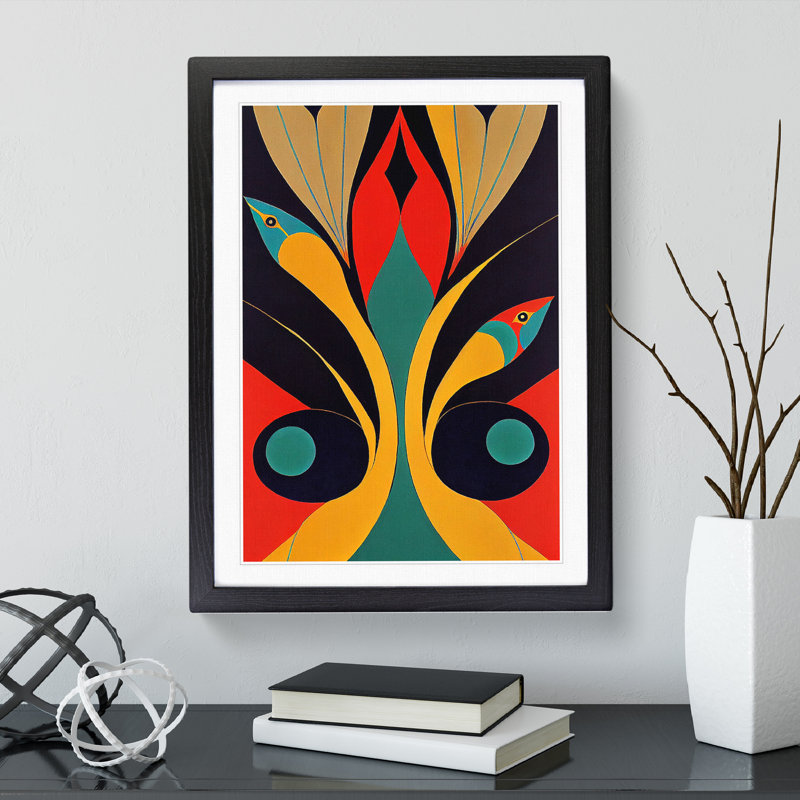 Peacock In Abstract No.2 - Single Picture Frame Print, 64cm H x 46cm W x 2cm D, Black Framed