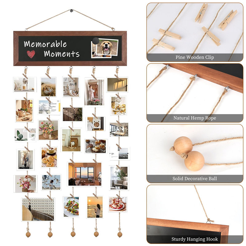 Wooden Hanging Picture Frame with String Ropes, 30 Clips, Writable Blackboard, for Photo and Artwork