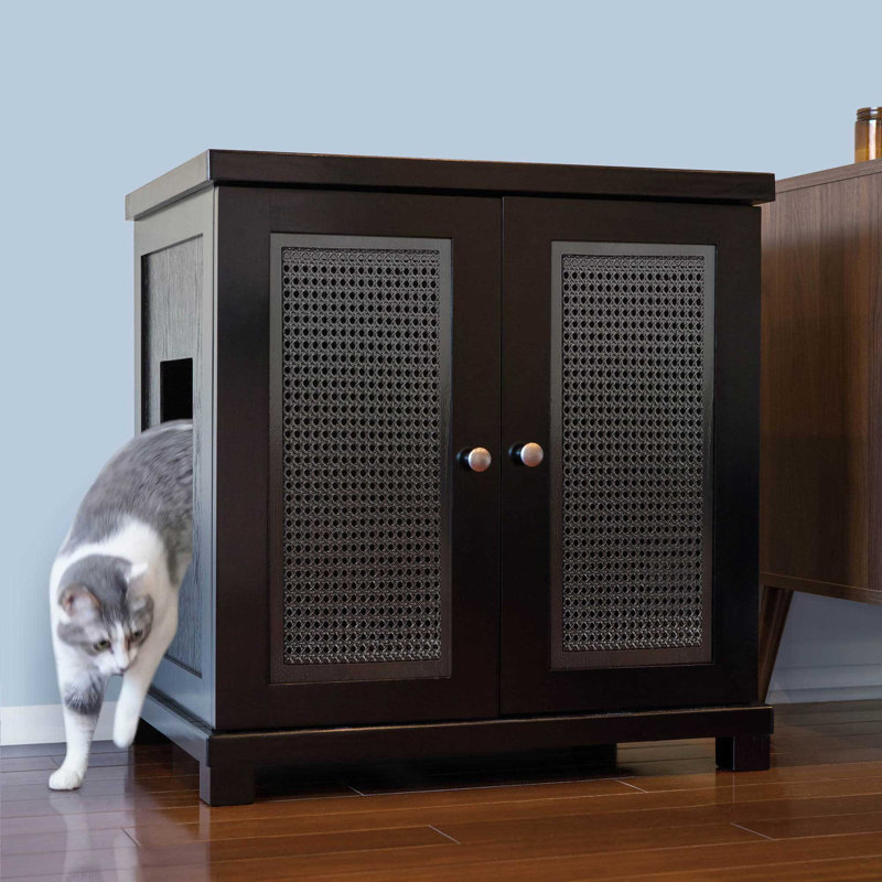The Refined Litter Box - Wood Cat Litter Box Enclosure Cabinet With Drawer, Cane Style, Square, Dark Brown, Extra Large