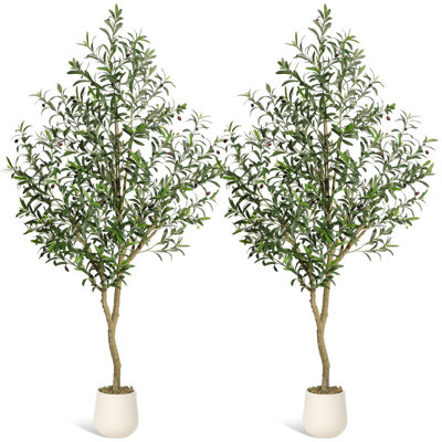 Grand olivier artificiel à feuilles persistantes, résistant aux rayons UV, avec pot blanc, olives et mousse, parfait pour une utilisation intérieure ou extérieure