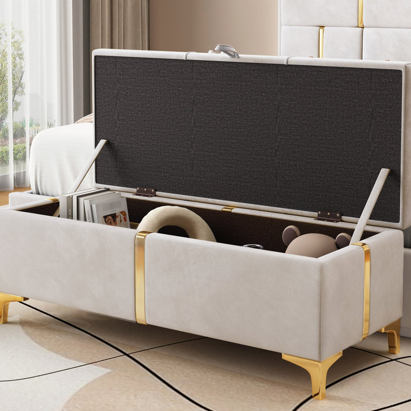 Repose-pieds élégant avec rangement rembourré, banc de rangement avec pieds en métal pour la chambre à coucher, le salon, entièrement assemblé sauf les pieds, beige