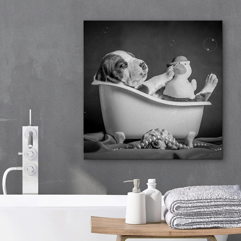 Reproduction d'art sur toile, chiot et chien dans une baignoire avec jouet, H 12 po x l 12 po x P 1,5 po