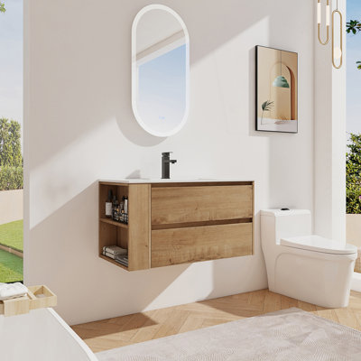 Meuble-lavabo mural avec lavabo en céramique et tiroir à fermeture en douceur