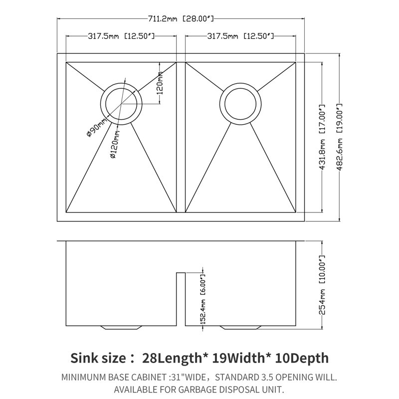 Évier de cuisine à double cuve encastrable 28 po x 19 po, calibre 16 en acier inoxydable, cuve profonde de 10 po, insonorisant et à condensation