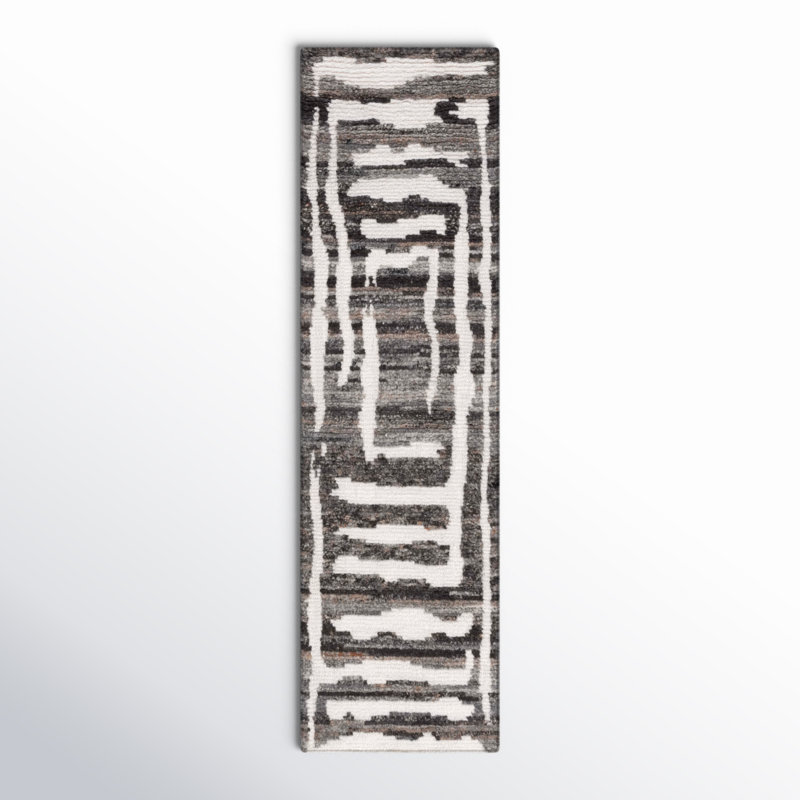 Kass Abstract Hand-Knotted Wool Area Rug in Ivory/Charcoal, Runner 2'3" x 8'