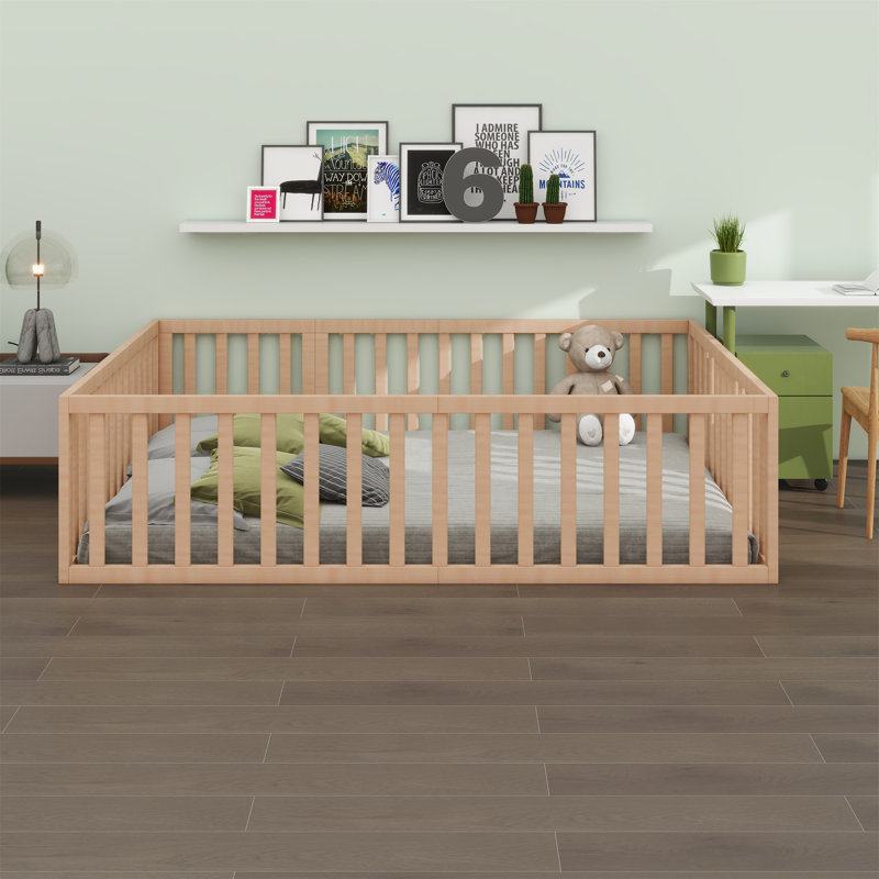 Wooden Floor Bed Frame With Fence and Door, Natural, Queen