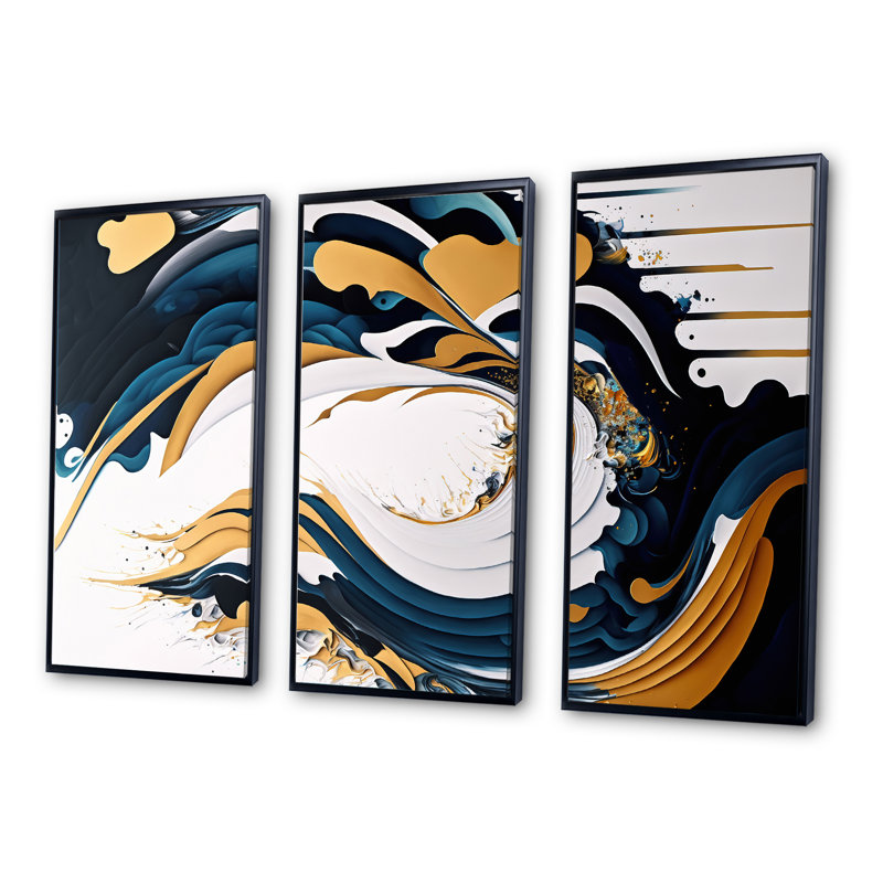 Bleu et or, art moderne abstrait, peinture V - ensemble d'art mural moderne sur toile, Cadre noir, H 28 po x l 36 po x P 1 po