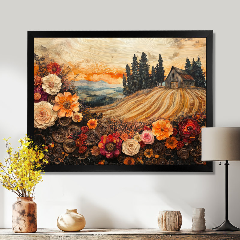 Assortiment de bouquets de fleurs, paysage de grange II - campagne, art mural, H 16 po x l 32 po, Avec cadre, Noir