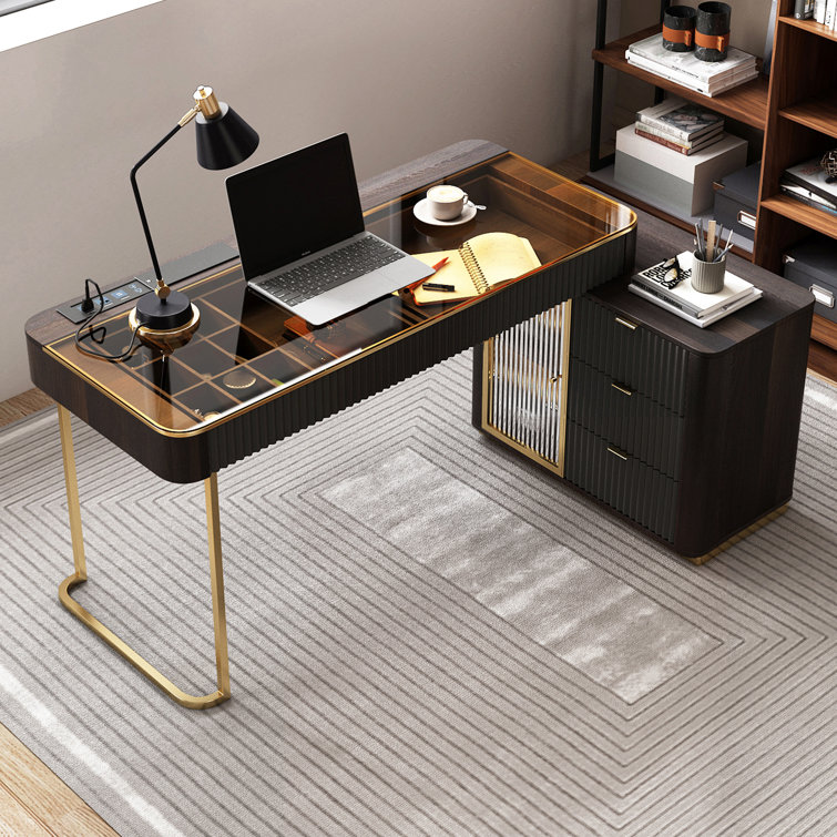 Mathian Swivel Computer Desk,Home office Desk,L-Shaped Executive Desk,Power Outlet, Glass Top