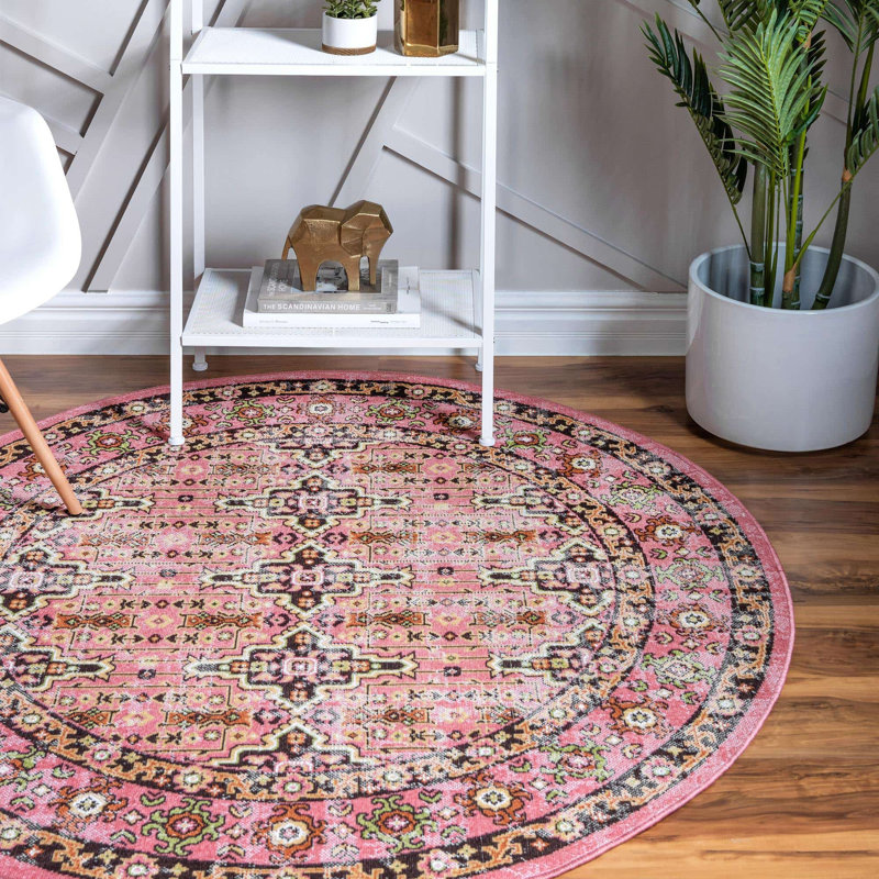 Tapis géométrique rose, Rond 5 pi 3 po