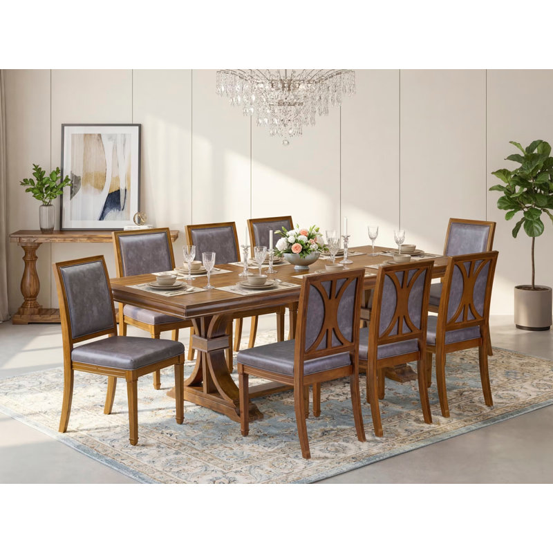 L'ensemble de table de cuisine 9 pièces se compose d'une table de salle à manger et de 8 chaises de cuisine en polyester gris foncé avec dossier haut - finition noyer antique