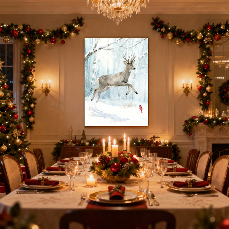 Ensemble de 3 reproductions d'art sur toile, cerf de Noël dans la forêt enneigée avec oiseau, H 24 po x l 16 po