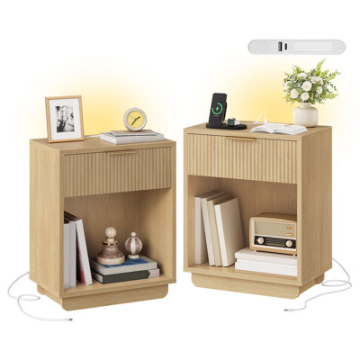2 Fluted Nightstands with Drawer & Open Storage Shelf, End Table  with Charging Ports, Bedside Tables with USB LED Light 