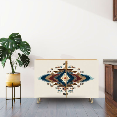 Buffet Buffet avec rangement à motif aztèque à motif tribal de style Navajo avec 2 portes pour le salon et la cuisine