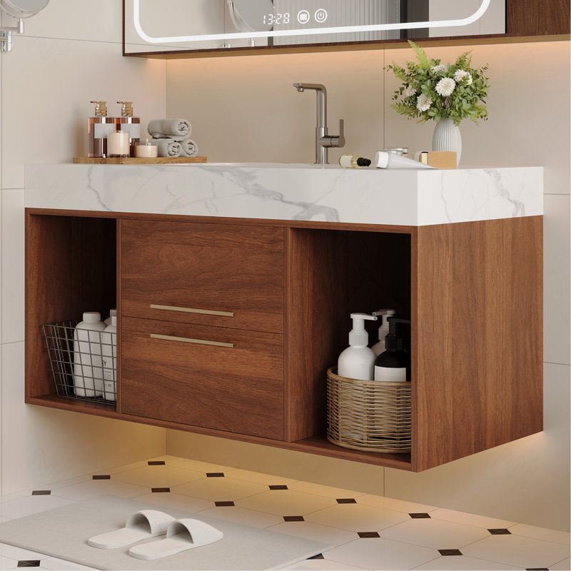 Meuble-lavabo flottant 39,4 po avec lavabo en céramique, 2 tiroirs muraux à fermeture en douceur et plateau en ardoise blanche