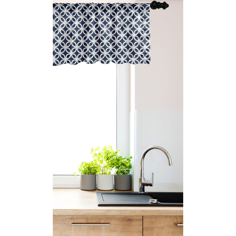 Dark Blue and White Geometric Satin Rod Pocket Valance