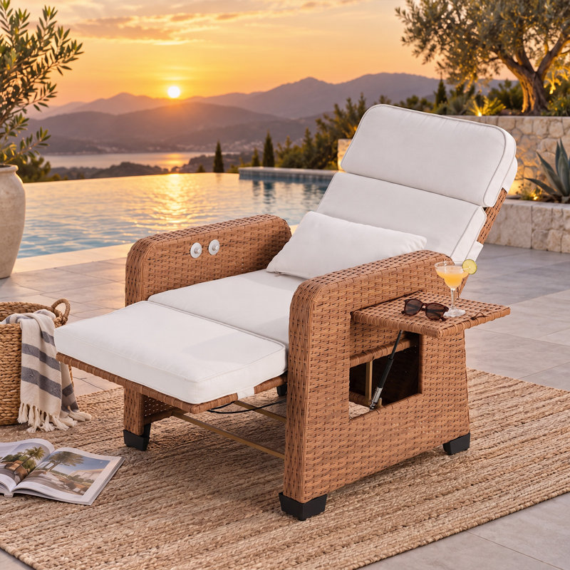 Fauteuil inclinable d'extérieur en résine tressée, chaise longue de patio avec dossier et repose-pieds réglables, table rabattable - Résine tressée marron miel / blanc ivoire