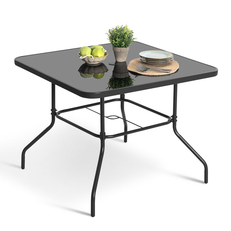 Square Outdoor Patio Dining Table with Tempered Glass Tabletop, Black , 80cm W 80cm D