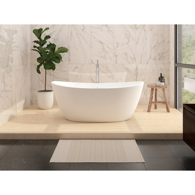 Manhattan 64" x 33" Freestanding Soaking Tub, Solid Surface Stone Resin Oval Bathtub - White, White