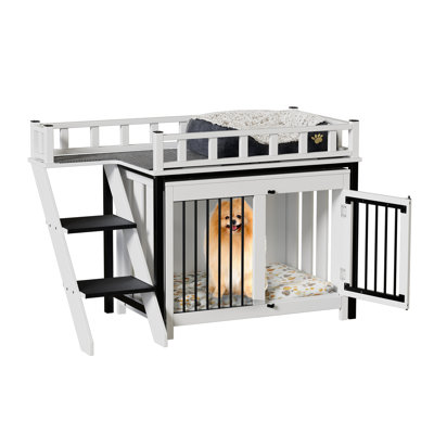Mobilier pour cage de chien, cage de chenil en bois pour l'intérieur avec lit superposé, cage pour chien moderne avec couverture polyvalente et lit moelleux pour petits chiens de taille moyenne, rustique