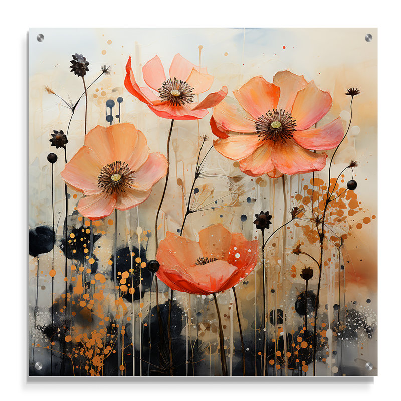 «Peach Blossoming Abstractions I», art mural abstrait en botanique, H 16 po x l 16 po