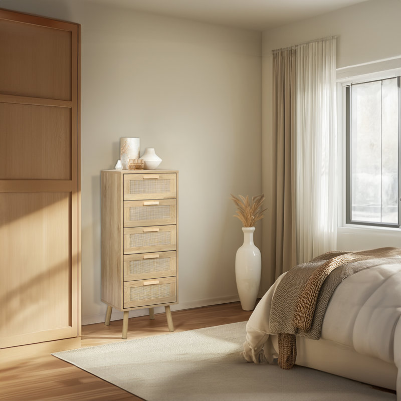 Rattan Dresser For Bedroom, Tall Dresser With 5 Hand Made Rattan Decorated Drawers, Small Chest Of Drawers