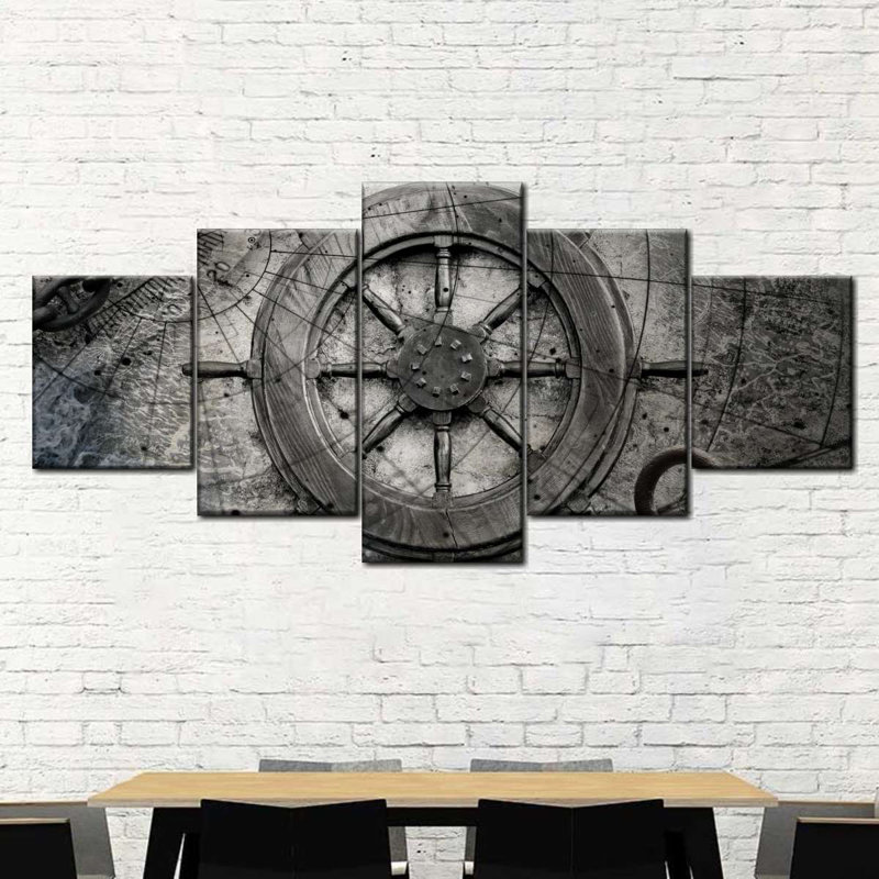 Ensemble de 5 pièces de roue de bateau rétro sur toile, H 24 po x l 55 po x P 1,25 po