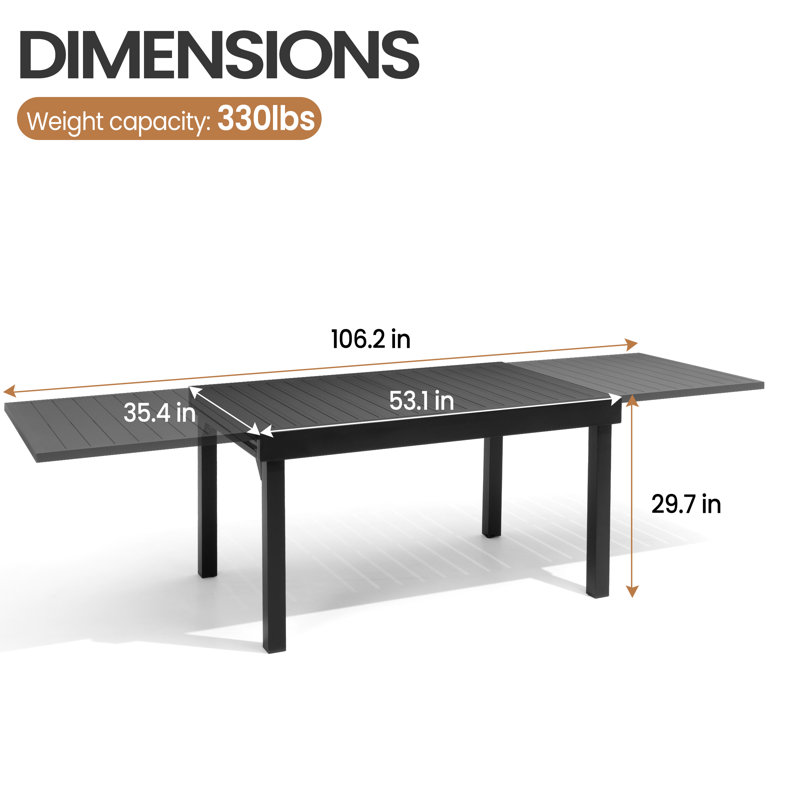 Table de salle à manger extensible en aluminium pour 4 à 12 personnes , H 29,7 po x L 106 po x l 35,4 po