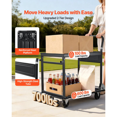 Foldable 2-Tier Platform Push Dolly, 28.7" x 18.5" x 32.3", Alloy Steel,Heavy Duty Hand Truck, Black