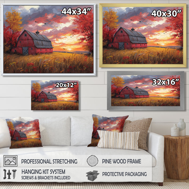 «Autumn Red Barn Breeze II» - reproduction d'art murale grange, Toile avec cadre flottant noir, H 12 po x l 20 po x P 1 po