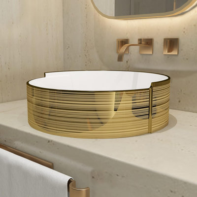 16.75 Inch LUXURY Gold Stripes Round Art Basin, Above Counter Bathroom Vessel Sink, Porcelain Ceramic Countertop Sink (Include Pop Up Drain)
