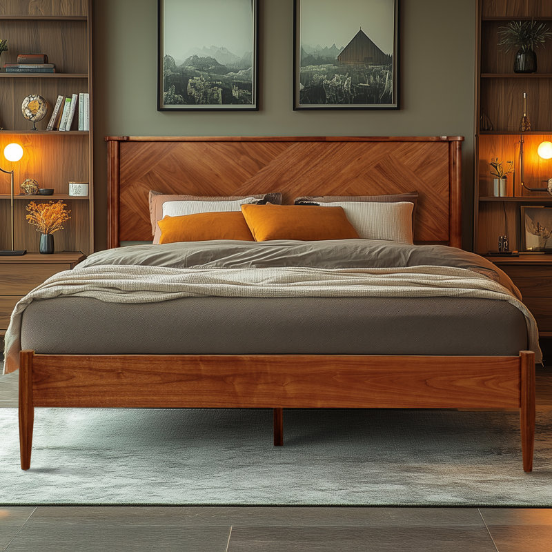 Kalleen Solid Wood Bed Frame with Artistic Patterned Headboard, Queen, Walnut