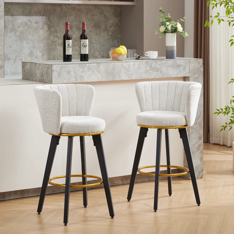 Counter Height Bar Stools Set Of 2, 360° Swivel Upholstered Barstools With Backs And Metal Legs, 26" H Seat Height, Velvet Fabric,Goldy Footrest