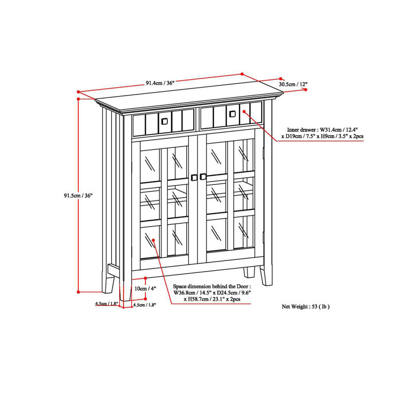 Acadian 36"W Solid Wood 2-Shelf Entryway Storage Cabinet with Glass Doors and 2 Drawers, Blue