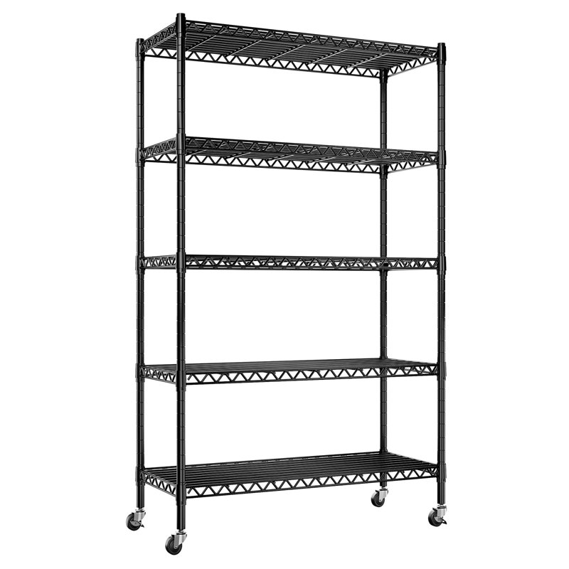 Étagère robuste à hauteur réglable avec roulettes, pieds de nivellement, (5 tablettes) H 82 po x l 36 po x P 18 po, Chrome