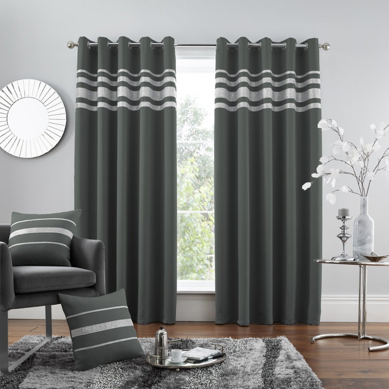 Kendal Decorative Blackout Curtain Panels with Glitter Stripe Eyelet Ring Top, Thermal Insulated Polyester Window Drapes for Living Room Bedroom