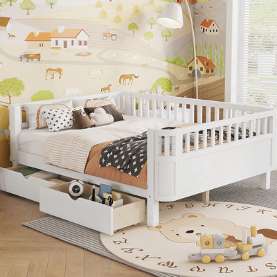 Lit plateforme double en bois pour enfants, lit double en bois à profil bas avec rails pour filles et garçons, blanc