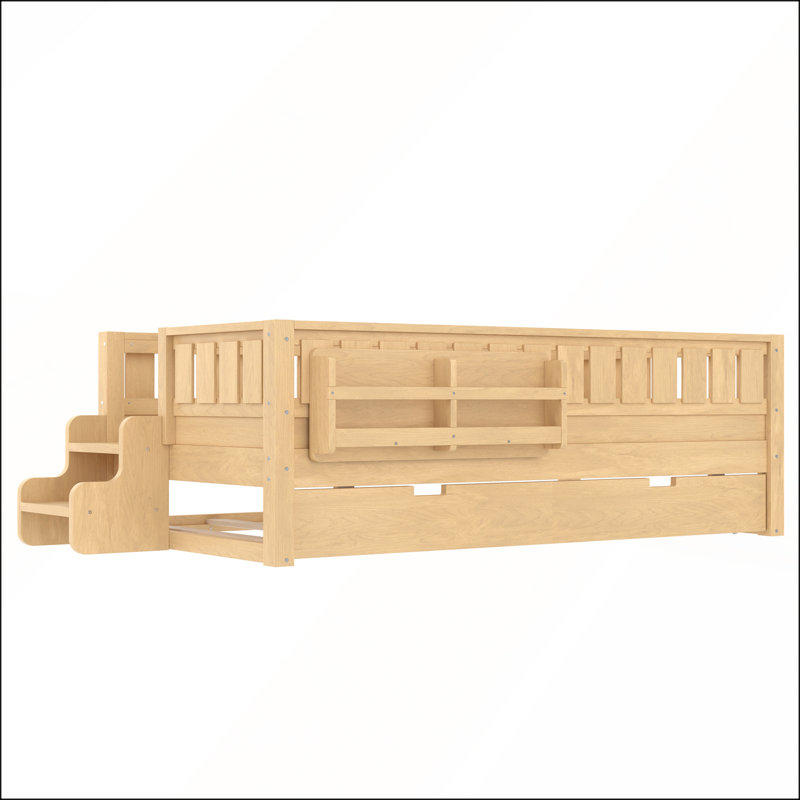 Lit simple avec bibliothèque intégrée, petit escalier et lit gigogne pour un environnement de sommeil confortable pour les enfants, naturel clair