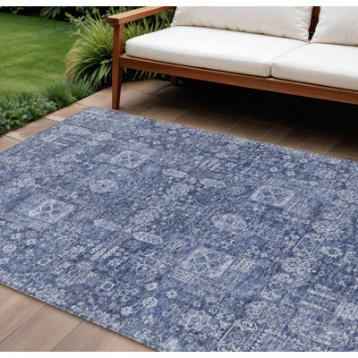 HomeRoots 9' X 12' Navy Blue And Sky Blue Oriental Washable Indoor Outdoor Area Rug