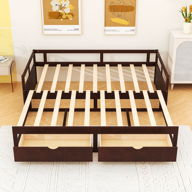 Twin Size 2 Drawers Wooden Daybed with Trundle, Extendable Bed, Espresso