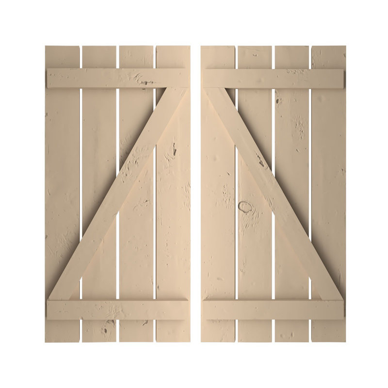 Volets rustiques à quatre planches espacées avec planche en Z (par paire), Texture de pin noueux / brun clair apprêté, 23"