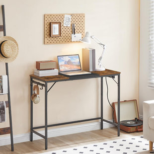 Rustic Brown & Black Computer Desk: Home Office/Study Writing Desk With Power Outlet & 3 Hooks, Sturdy Easy-To-Assemble