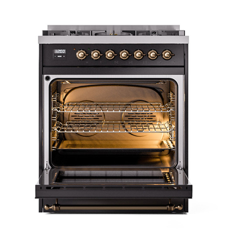 ILVE Nostalgie II Noblesse 30 in Dual Fuel Range, Liquid Propane, Glossy Black/Bronze