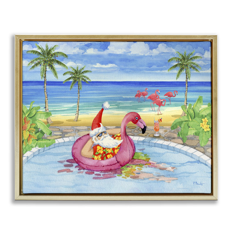«Santa with Pool Float» par Paul Brent, H 25 po x l 31 po, Cadre flottant métallique doré